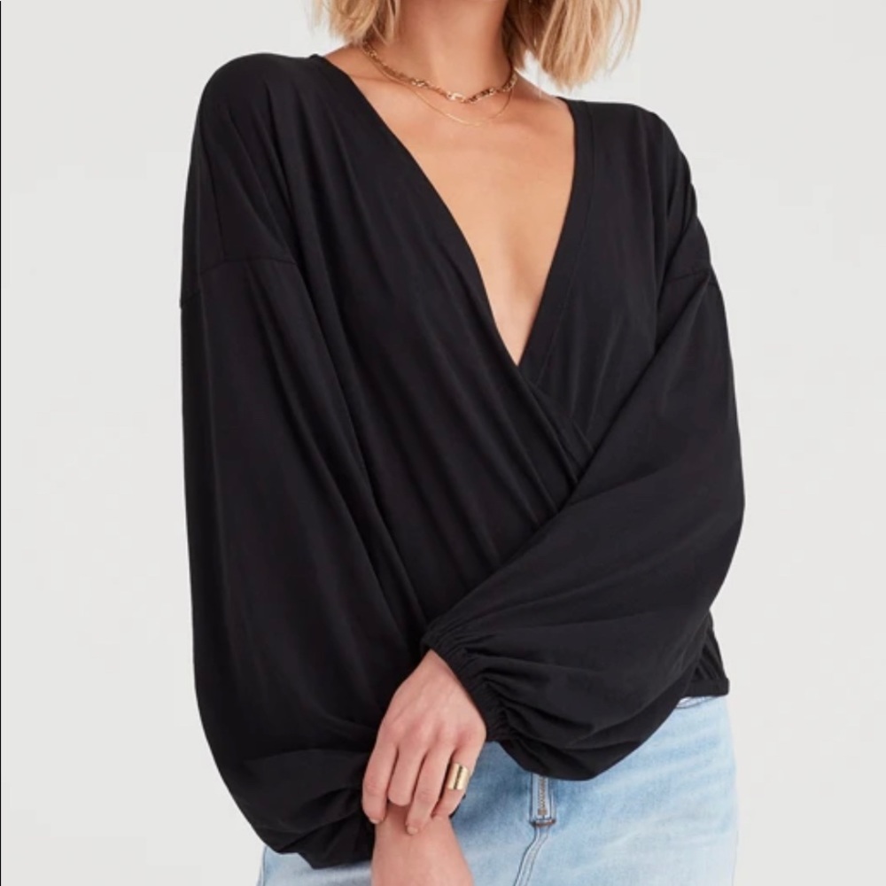 NWT 7 For All Mankind jet black wrap front blouson sleeve 100%cotton top